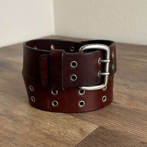 Vintage Old Navy Leather Double Grommet Belt Silver Buckle Brown Mens Large